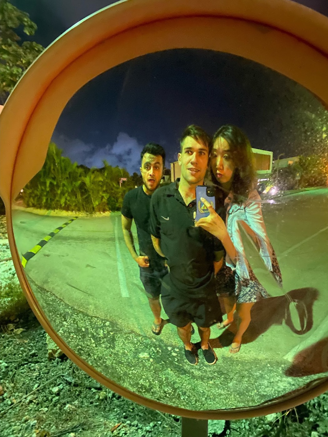 Noel and two friends grin into a round convex street mirror at dusk, palms and a curving road warped around them.