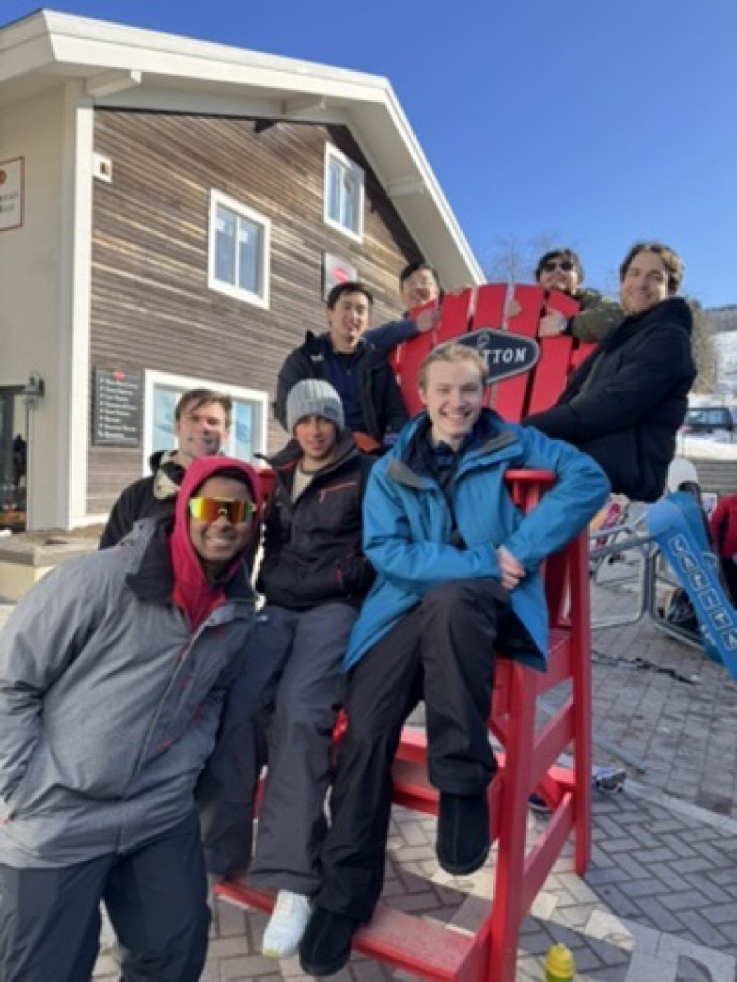 Whole crew piled on the giant Stratton ski chair
