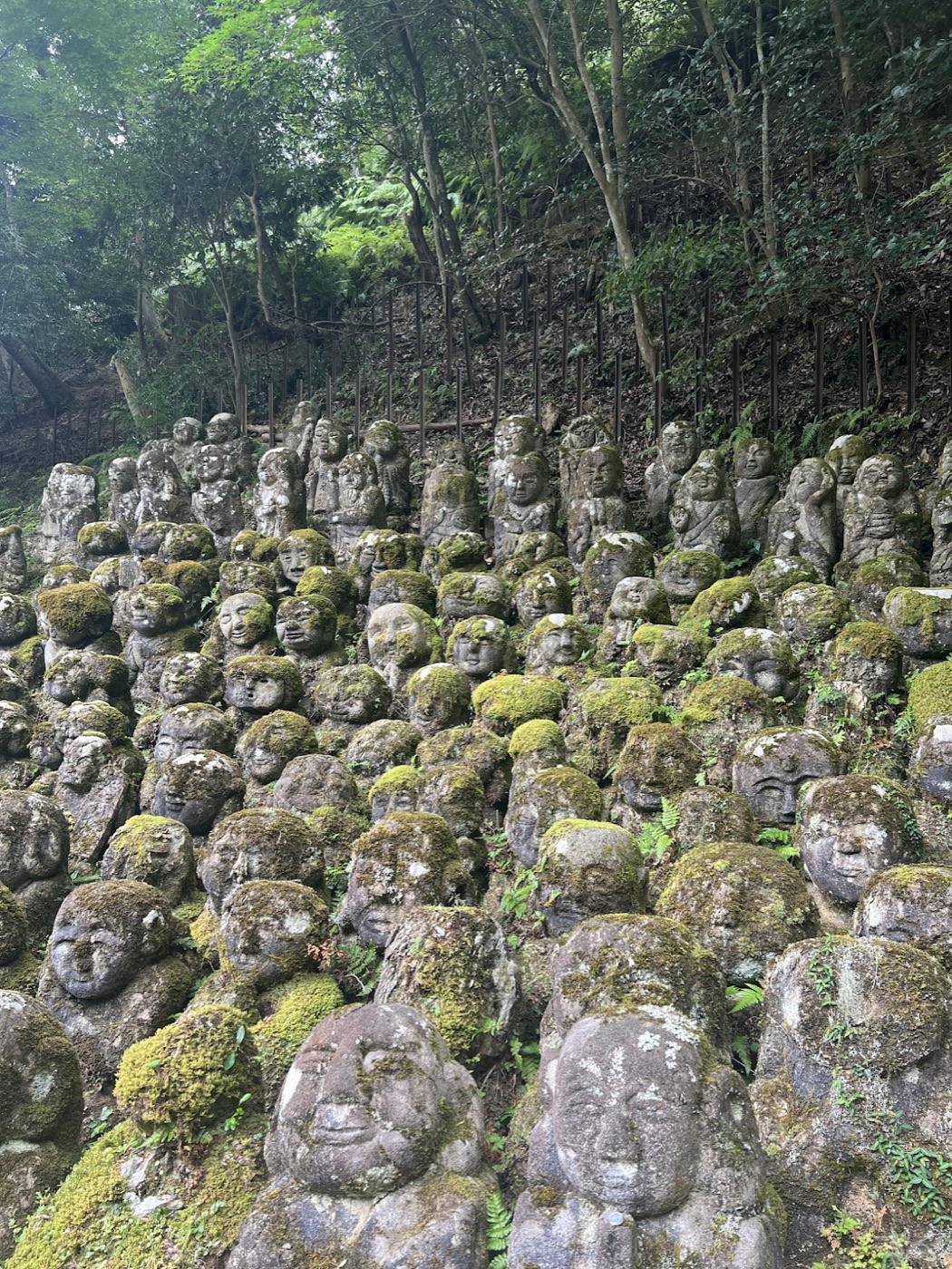 Rows of moss-capped stone figures with carved smiling faces crowd a forested hillside.