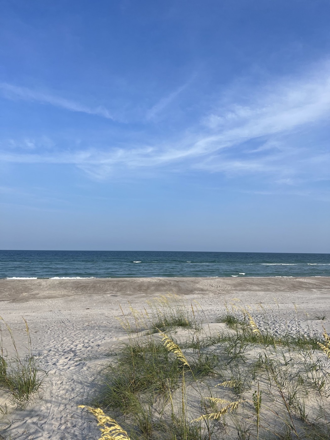 Sea oats and bare dunes front an empty beach under a wide blue sky.