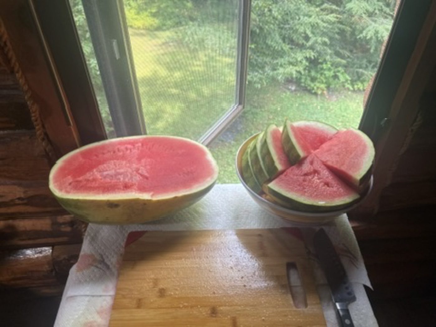 Halved and sliced watermelon on a green windowsill