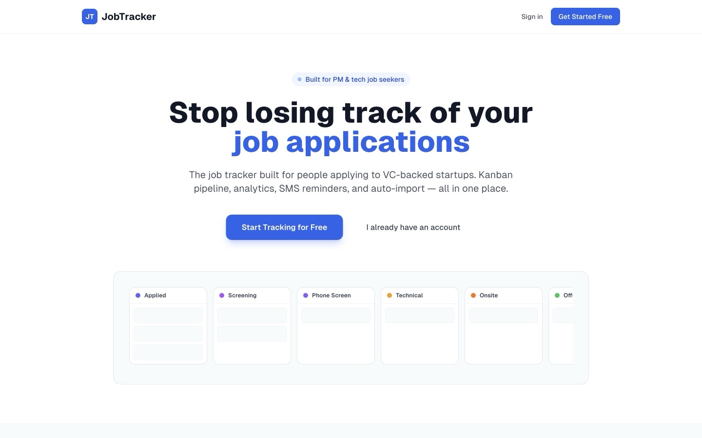 JobTracker landing page showing a kanban pipeline of job applications across stages from Applied to Offer