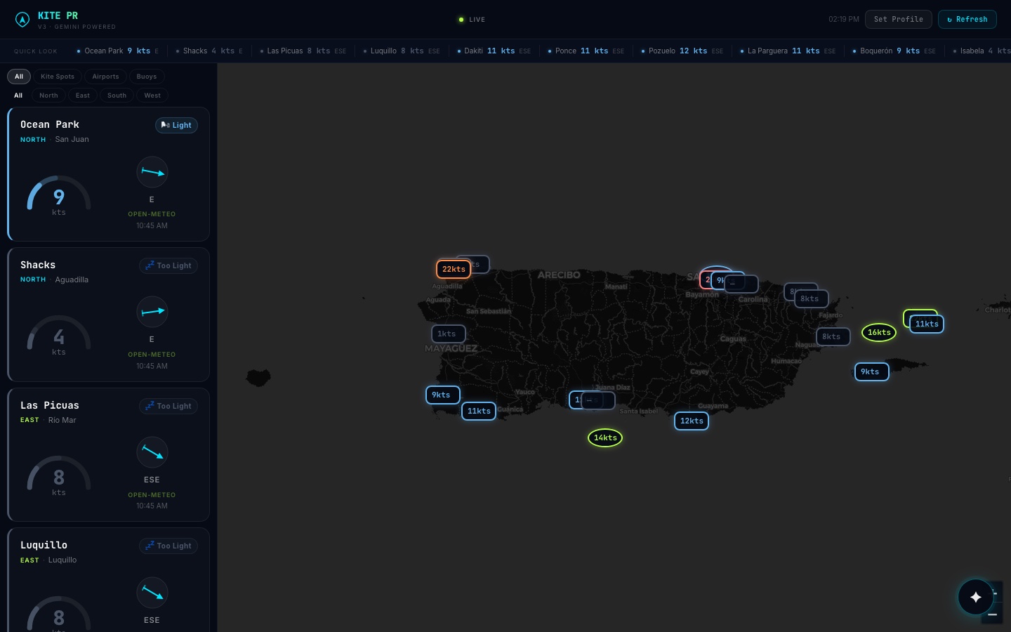 Kite PR live wind map of Puerto Rico with per-spot wind readings and a spot list rail