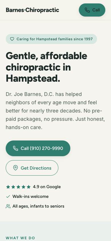 Barnes Chiropractic demo site on a phone screen