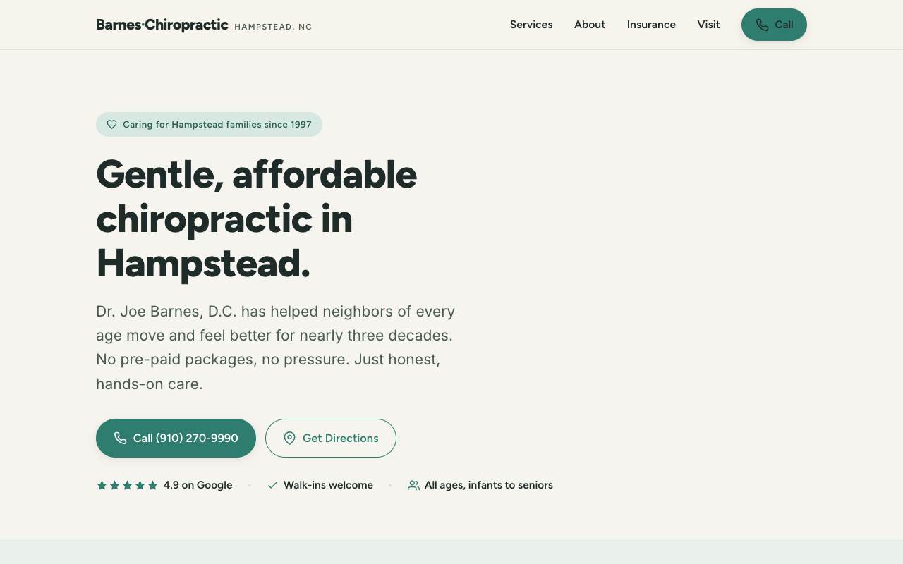 Homepage of the Barnes Chiropractic demo site