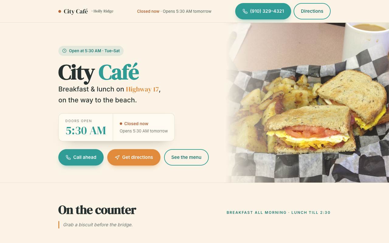 Homepage of the City Café demo site