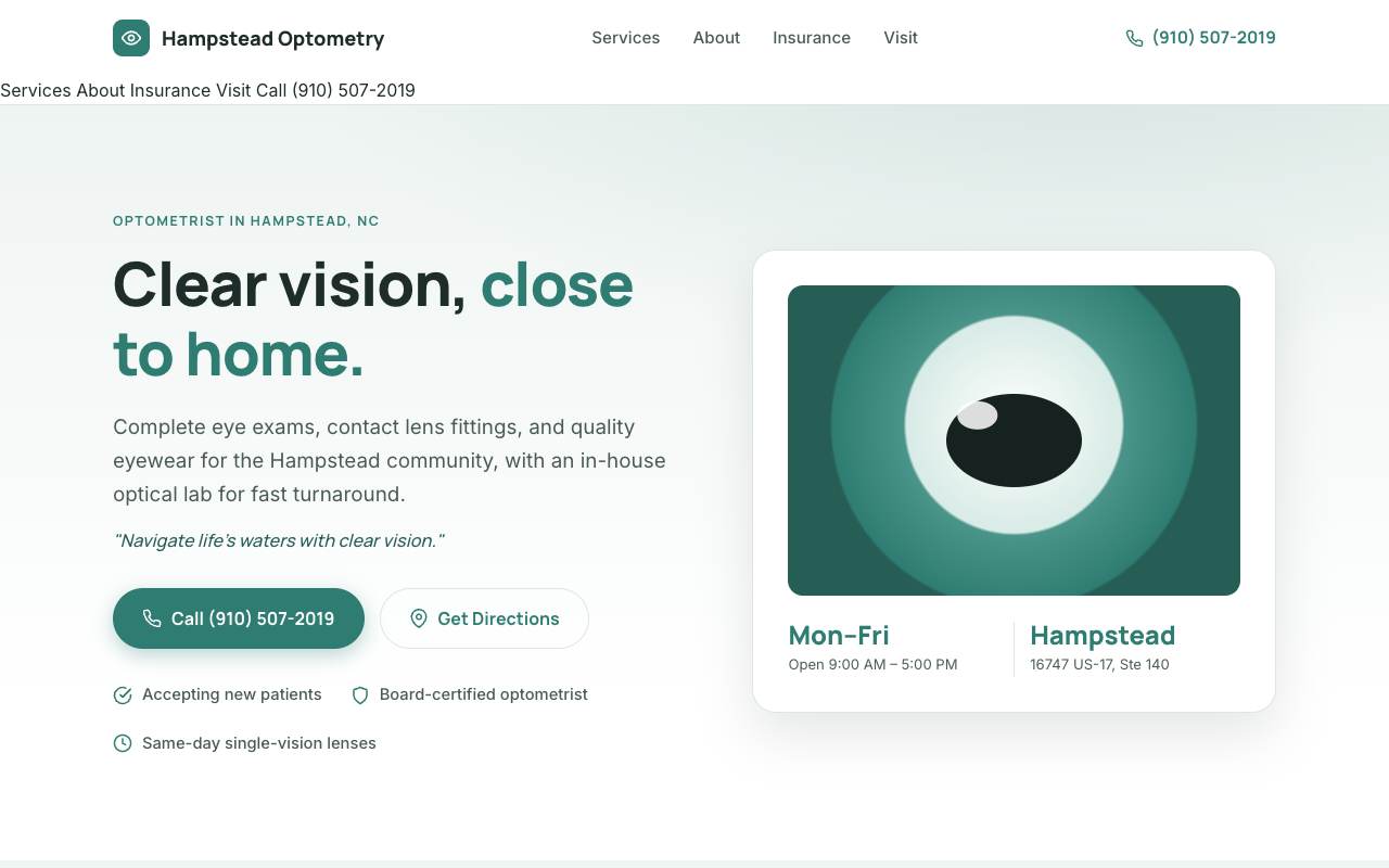 Homepage of the Hampstead Optometry demo site