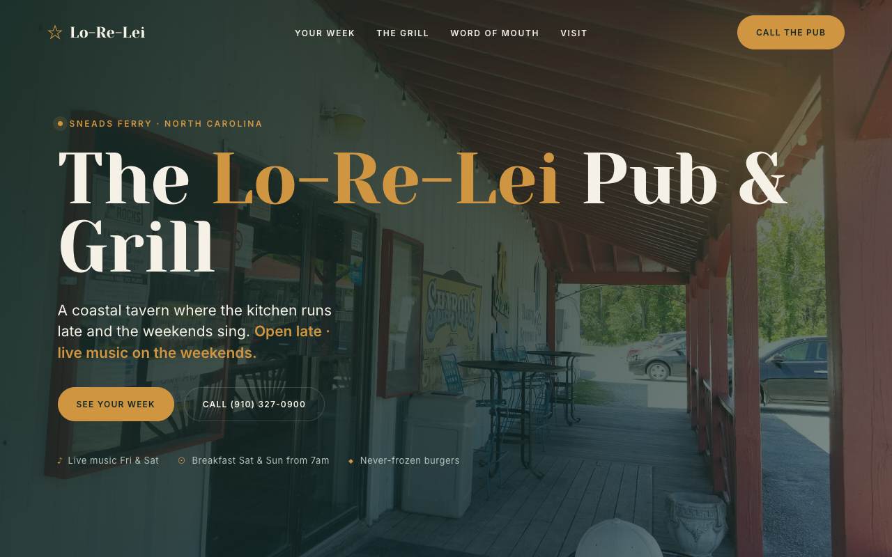 Homepage of the Lo-Re-Lei Pub & Grill demo site