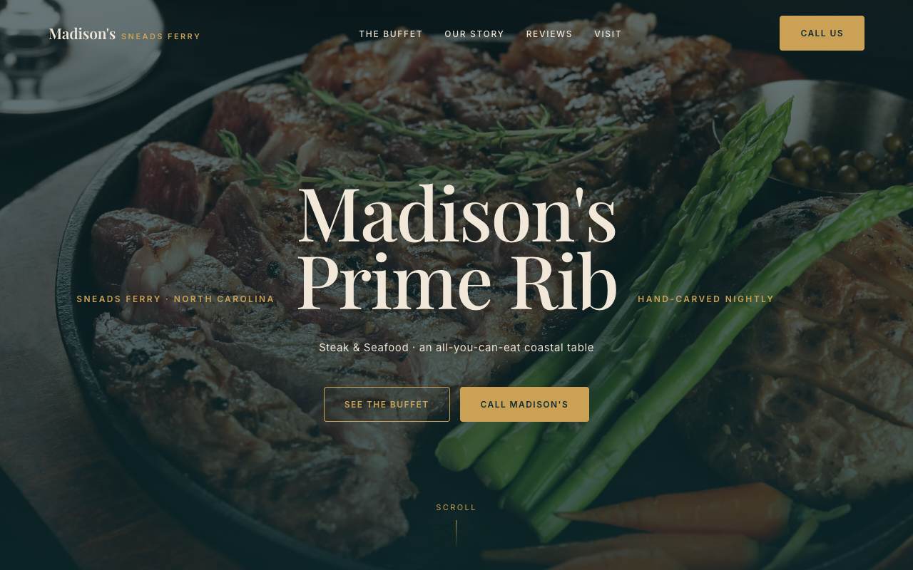 Homepage of the Madison's Prime Rib demo site