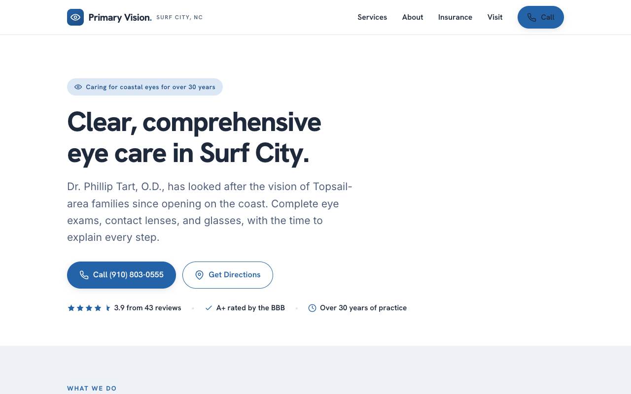 Homepage of the Primary Vision Care demo site