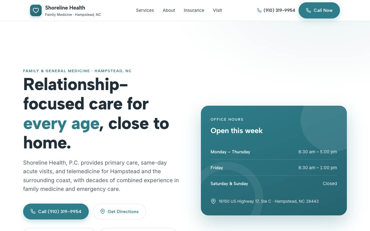 Homepage of the Shoreline Health demo site