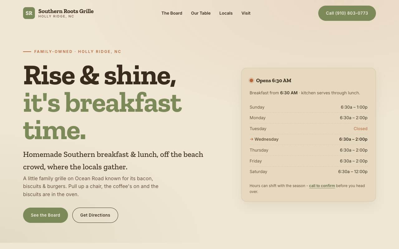 Homepage of the Southern Roots Grille demo site