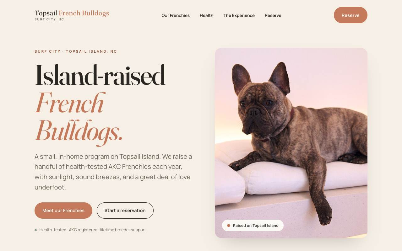 Homepage of the Topsail French Bulldogs demo site