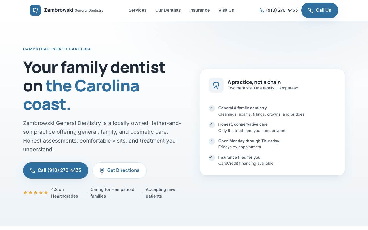 Homepage of the Zambrowski Dentistry demo site