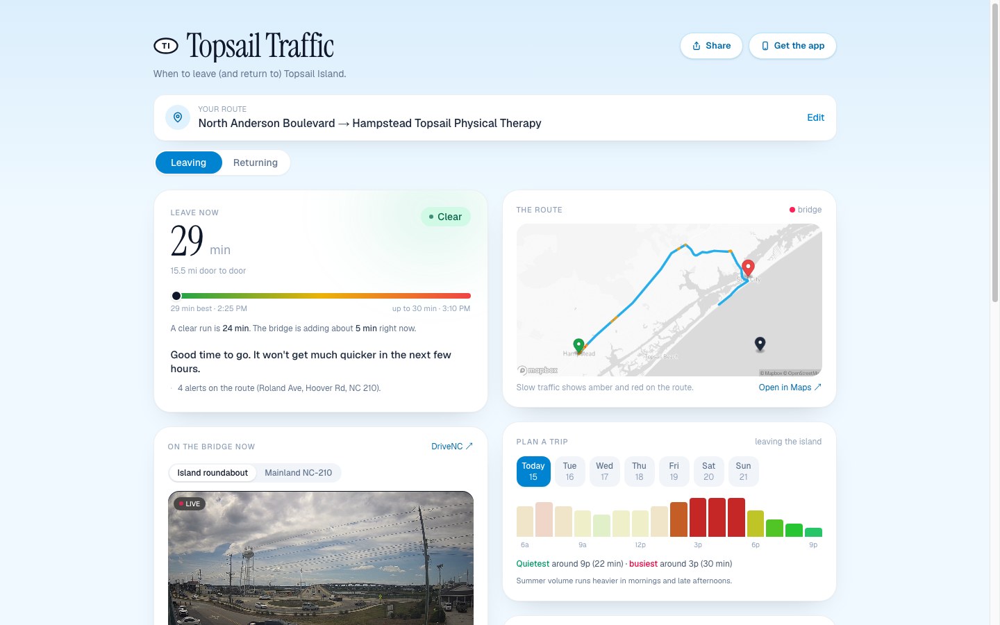 Topsail Traffic dashboard showing a 24-minute drive estimate, a route map, and a plan-a-trip view