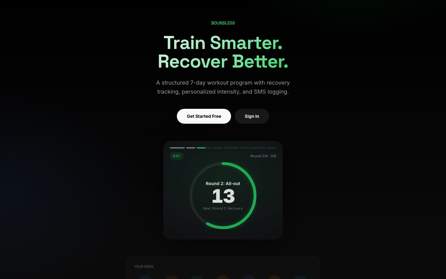 Boundless landing page reading Train Smarter, Recover Better, with an interval timer product shot